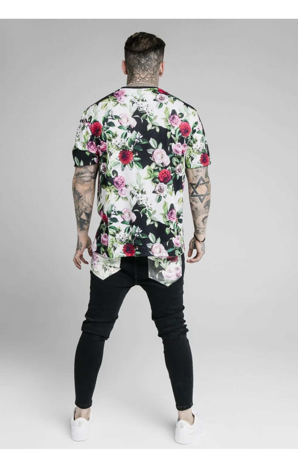 SikSilk S/S Floral Pixel Essential Tee - Black & Floral Pixel - Image 3