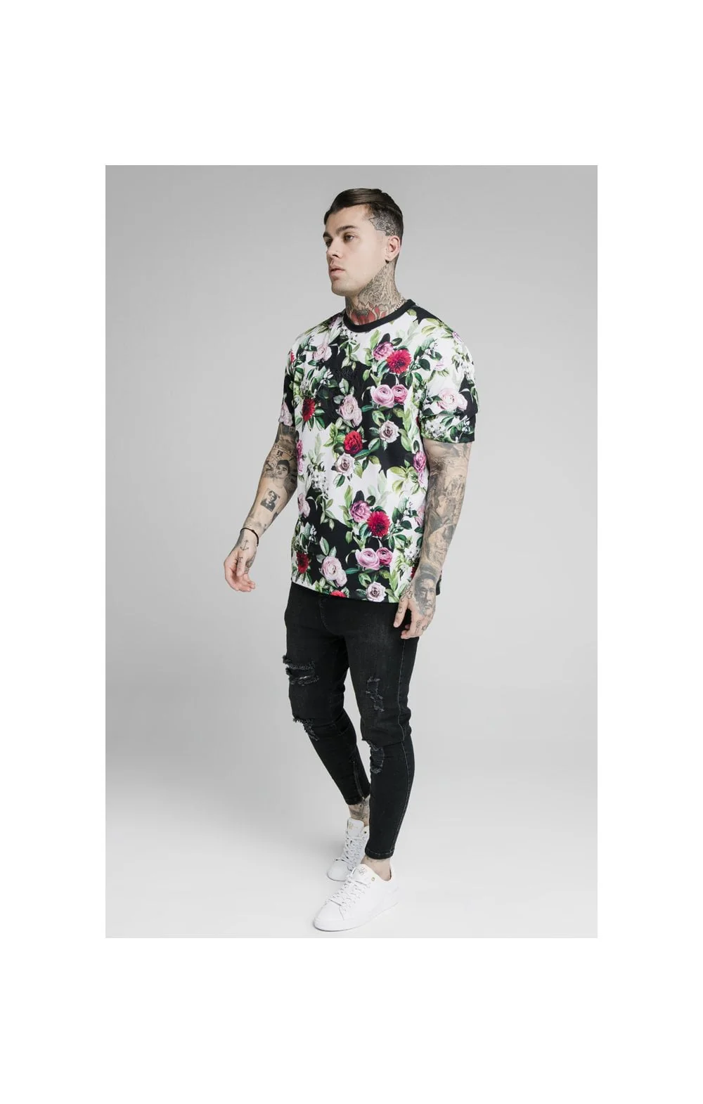 SikSilk S/S Floral Pixel Essential Tee - Black & Floral Pixel - Image 4
