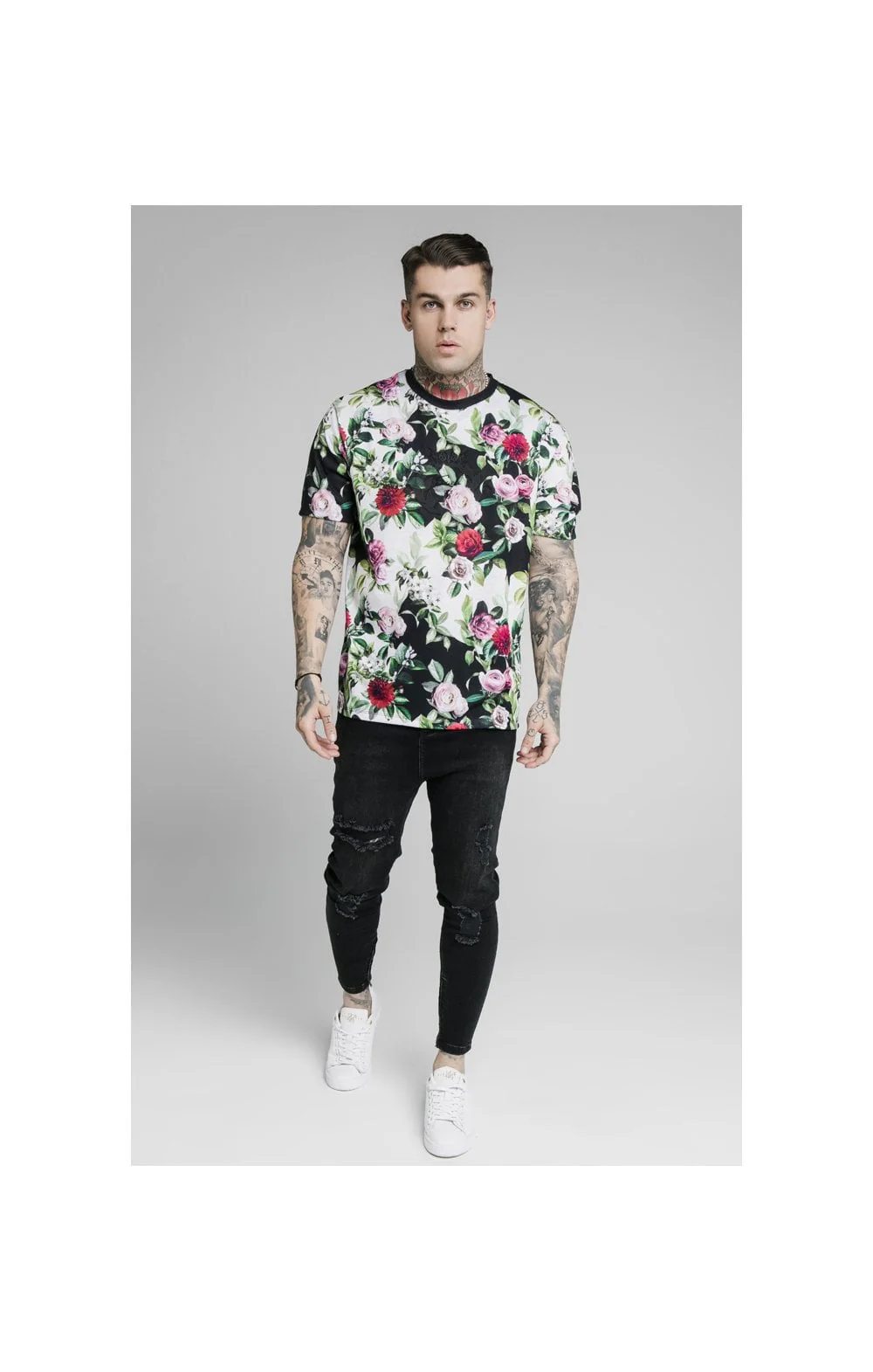 SikSilk S/S Floral Pixel Essential Tee - Black & Floral Pixel - Image 5