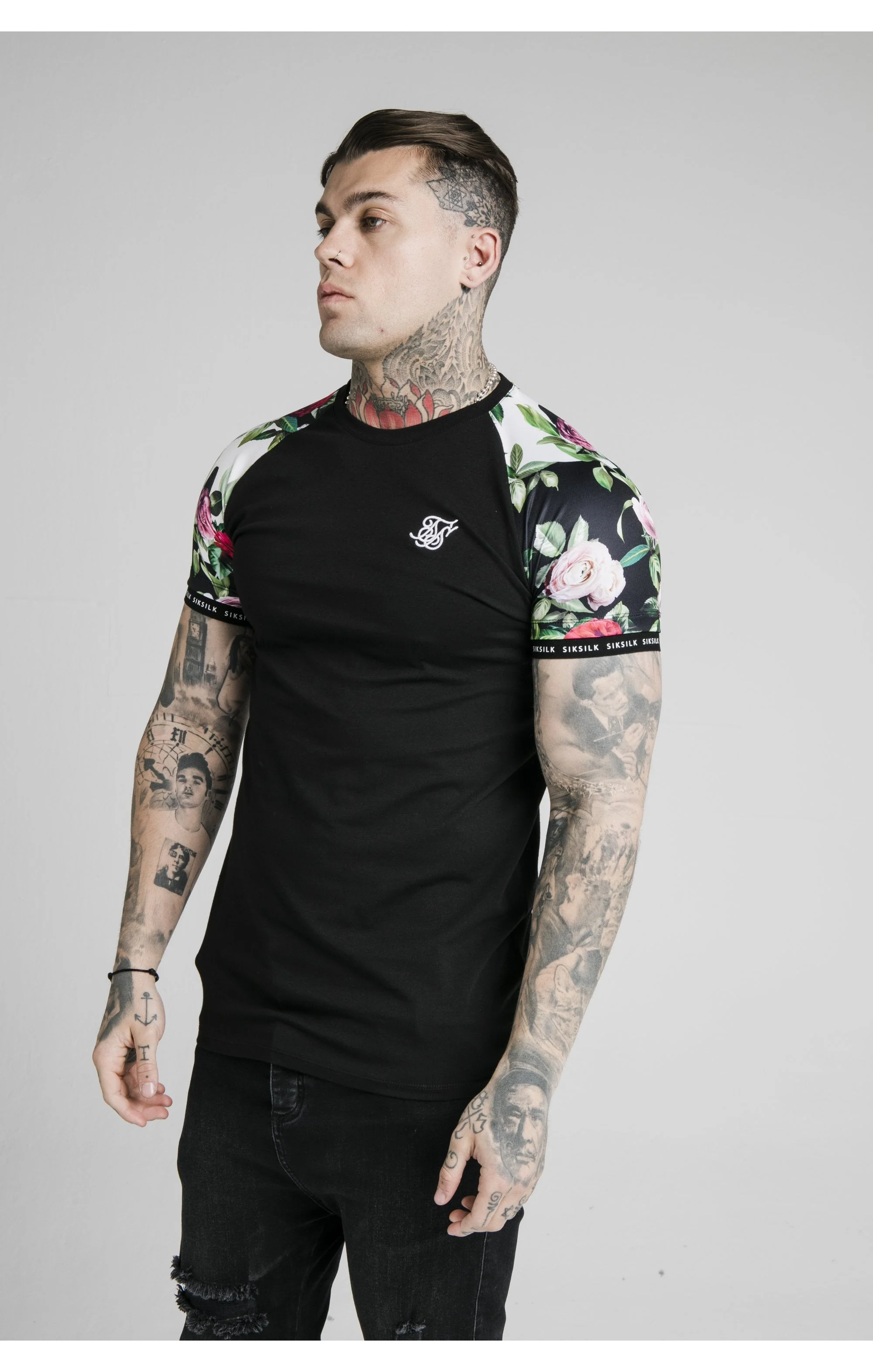 SikSilk S/S Floral Pixel Inset Tech Tee - Black & Floral Pixel - Image 2