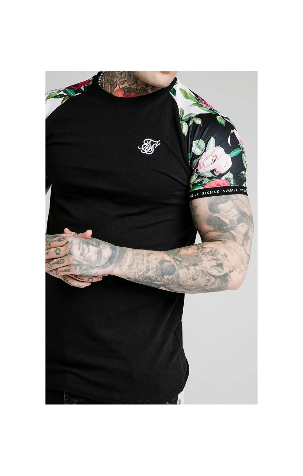 SikSilk S/S Floral Pixel Inset Tech Tee - Black & Floral Pixel - Image 3