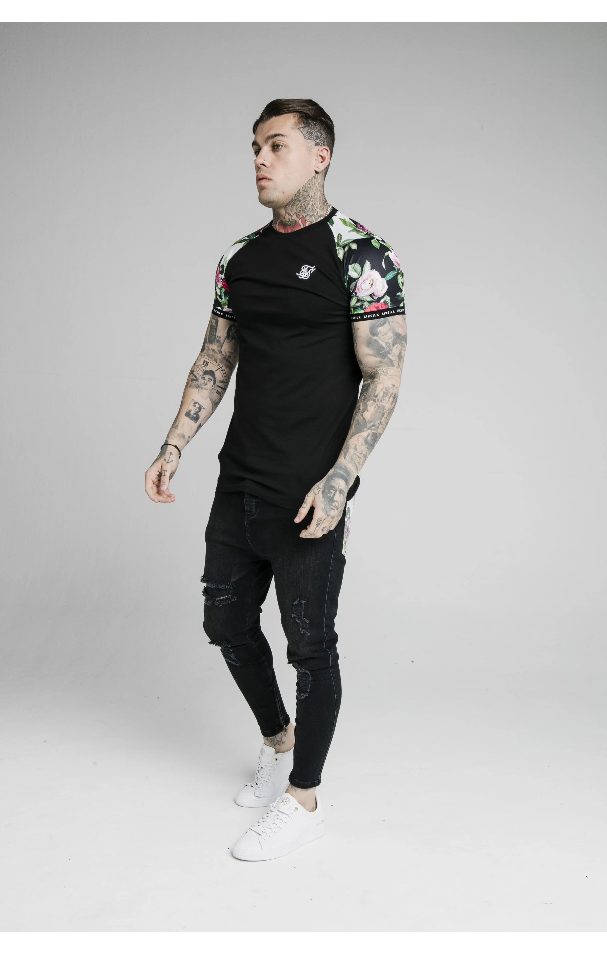 SikSilk S/S Floral Pixel Inset Tech Tee - Black & Floral Pixel - Image 4