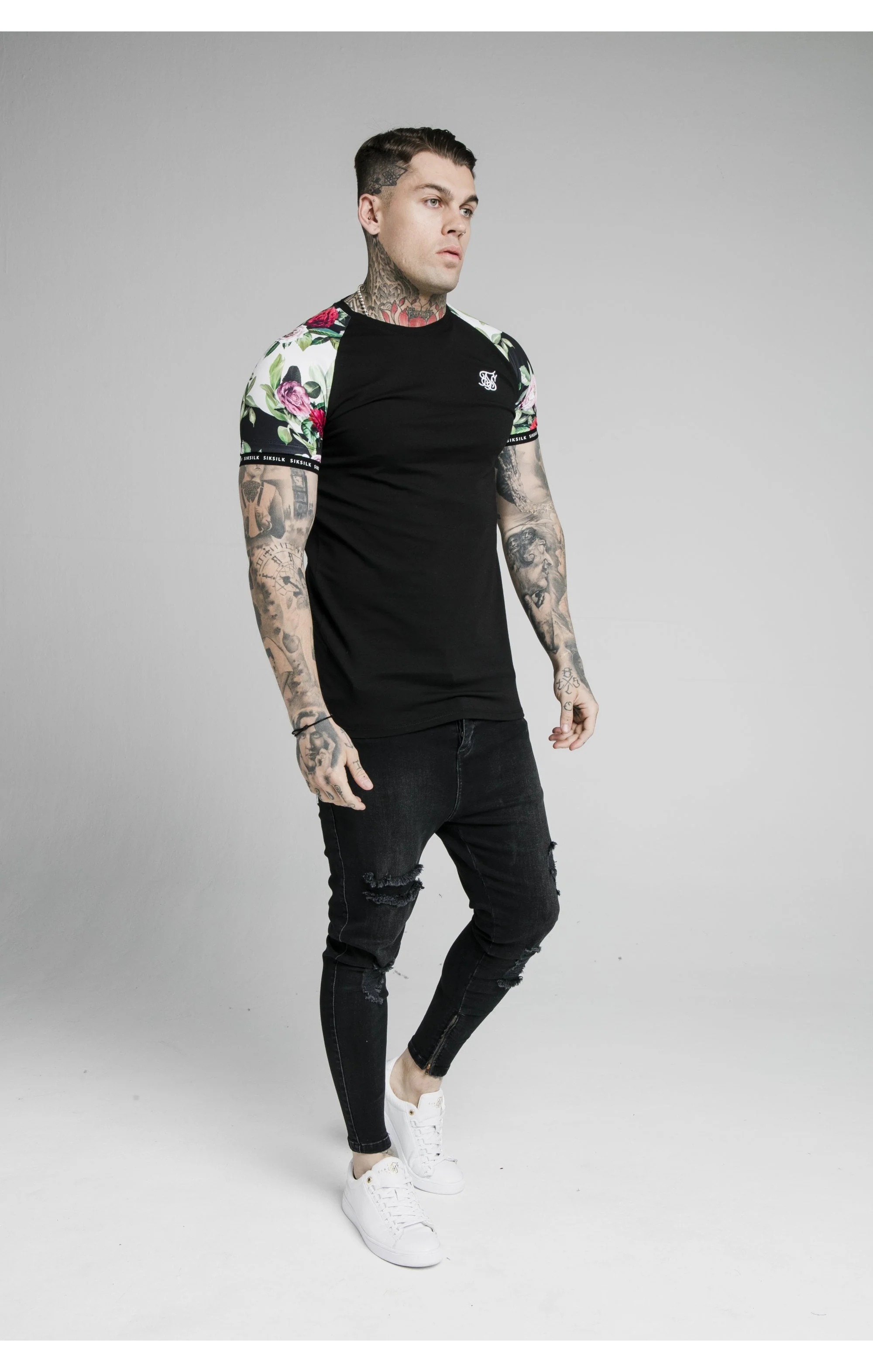 SikSilk S/S Floral Pixel Inset Tech Tee - Black & Floral Pixel - Image 5