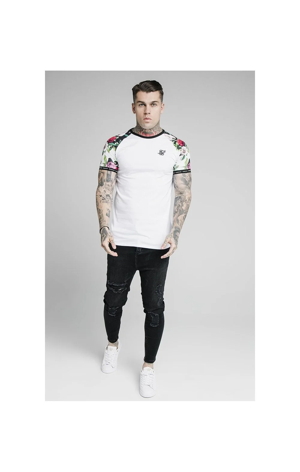 SikSilk S/S Floral Pixel Inset Tech Tee - White & Floral Pixel - Image 3