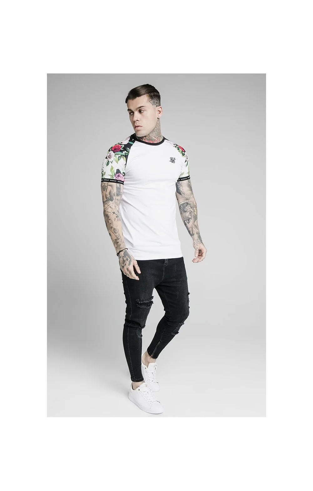 SikSilk S/S Floral Pixel Inset Tech Tee - White & Floral Pixel - Image 4