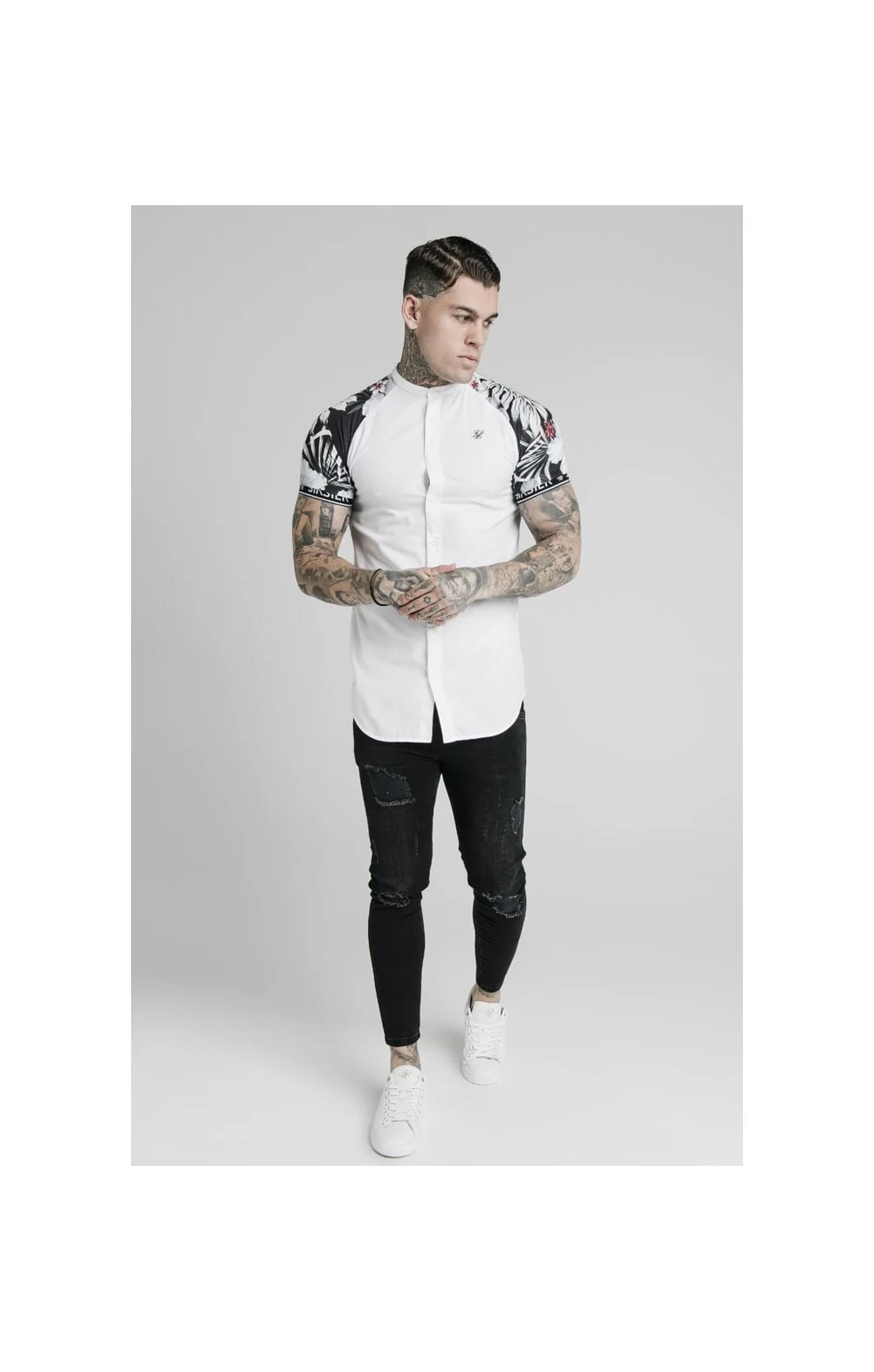SikSilk S/S Floral Raglan Tech Shirt - White & Floral - Image 2