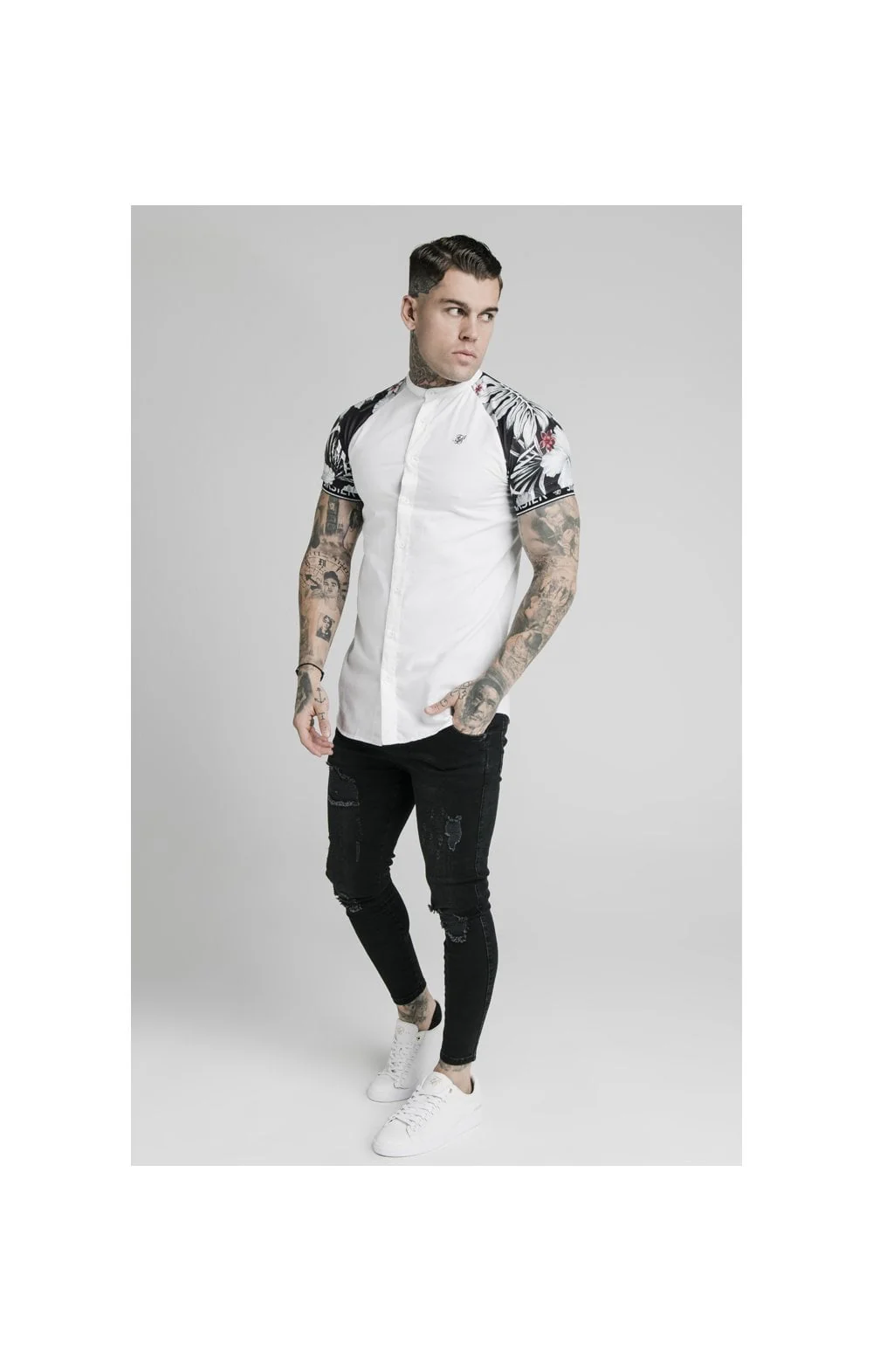SikSilk S/S Floral Raglan Tech Shirt - White & Floral - Image 3