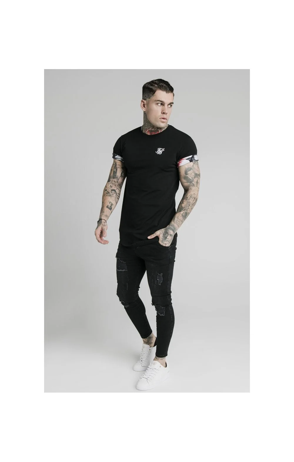 SikSilk S/S Floral Roll Sleeve Tee – Black