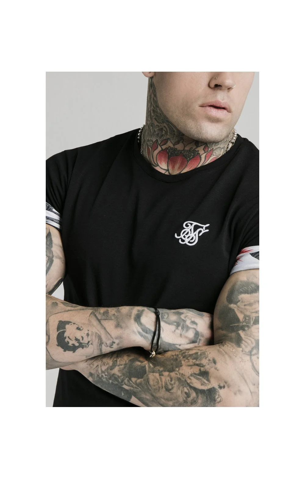 SikSilk S/S Floral Roll Sleeve Tee – Black - Image 2