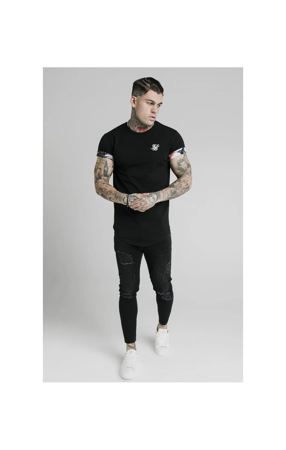 SikSilk S/S Floral Roll Sleeve Tee – Black - Image 3