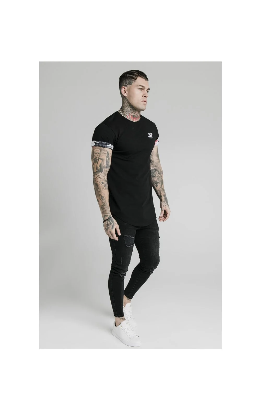SikSilk S/S Floral Roll Sleeve Tee – Black - Image 4