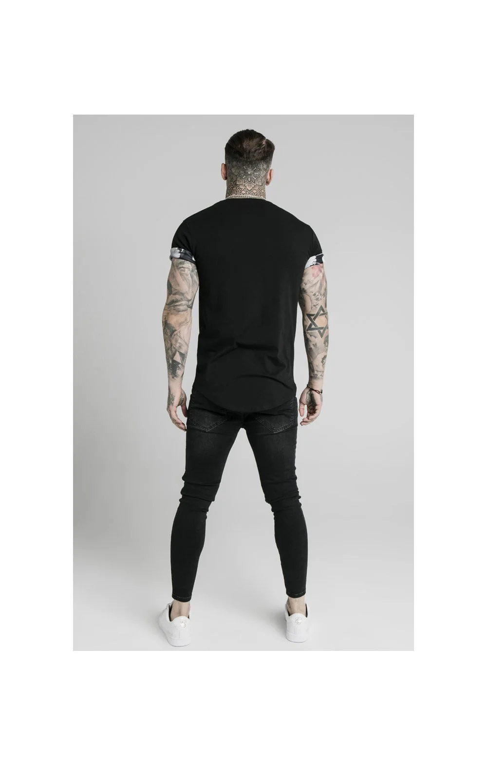 SikSilk S/S Floral Roll Sleeve Tee – Black - Image 5