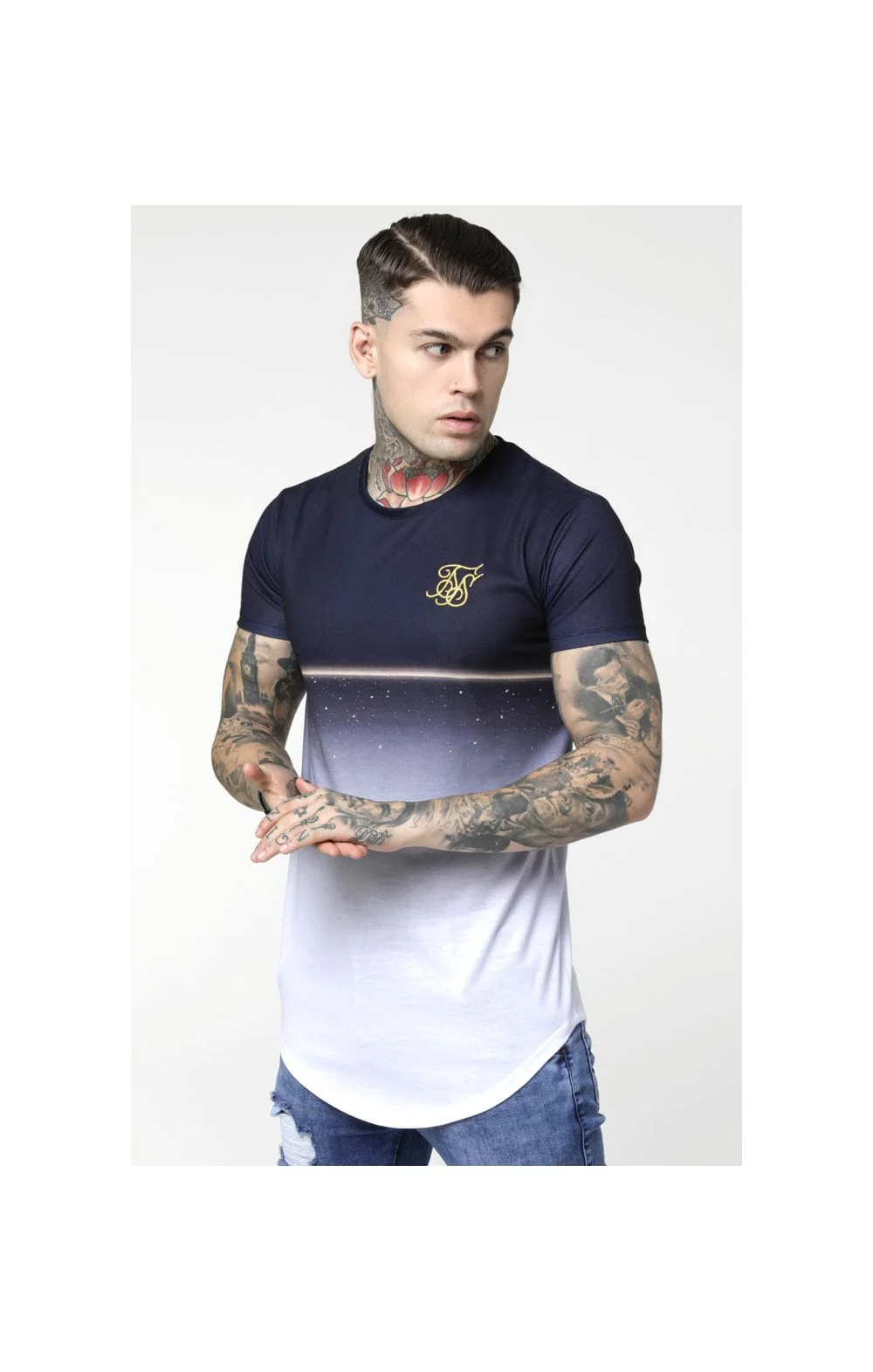 SikSilk S/S Gold Fleck Curved Hem Tee - Navy