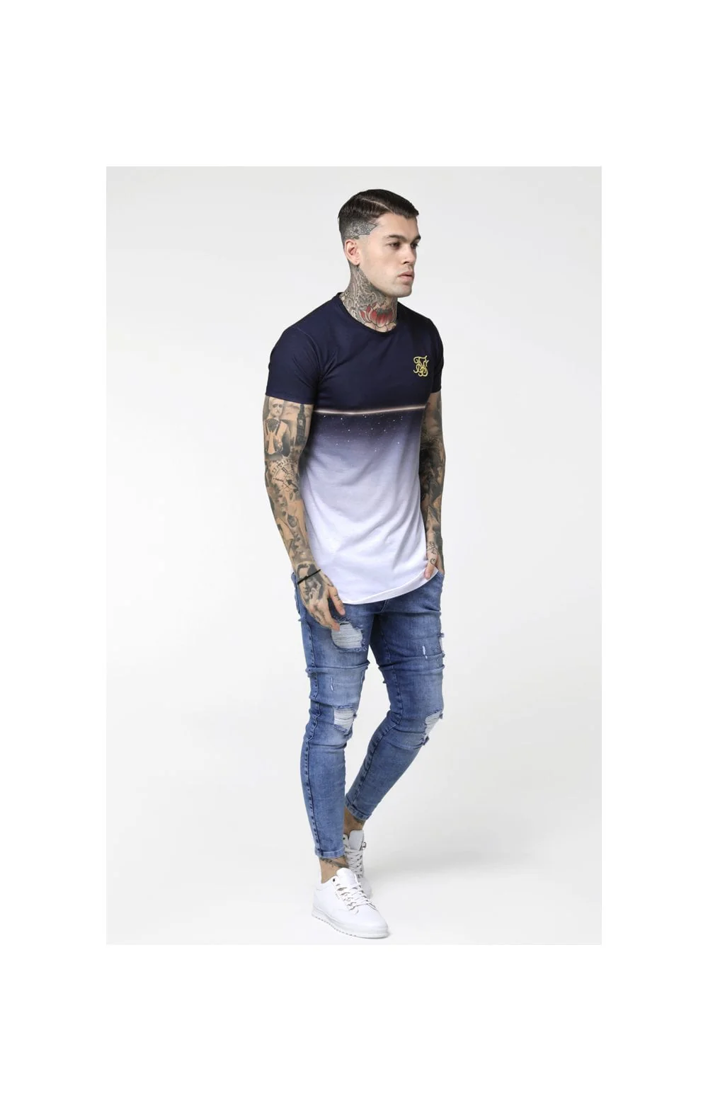 SikSilk S/S Gold Fleck Curved Hem Tee - Navy - Image 3