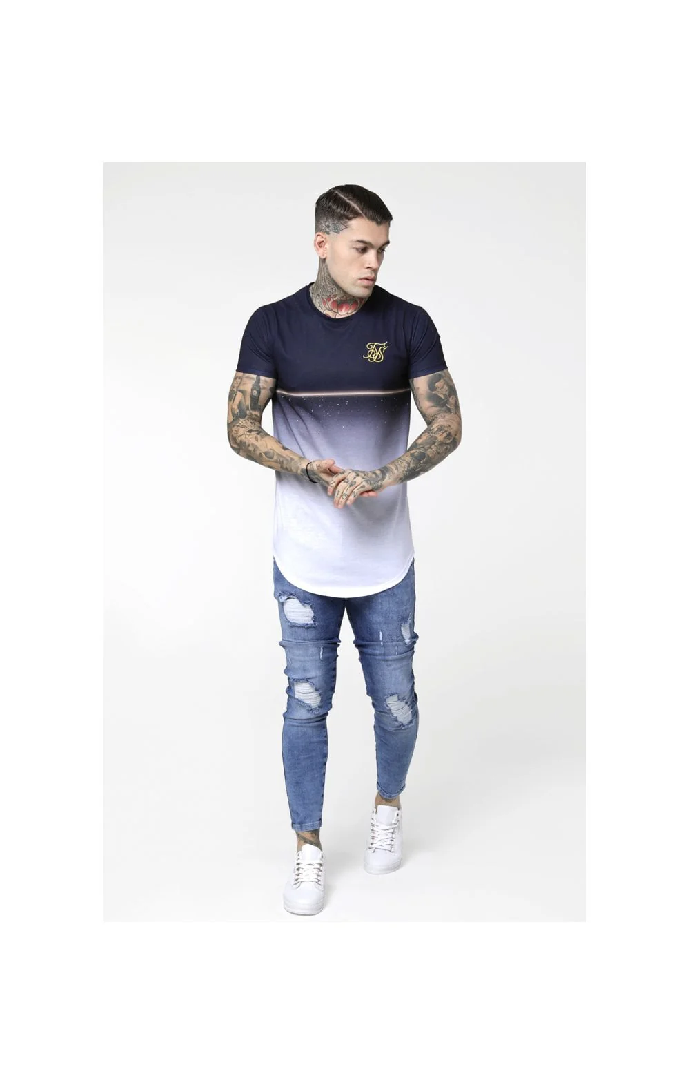 SikSilk S/S Gold Fleck Curved Hem Tee - Navy - Image 4