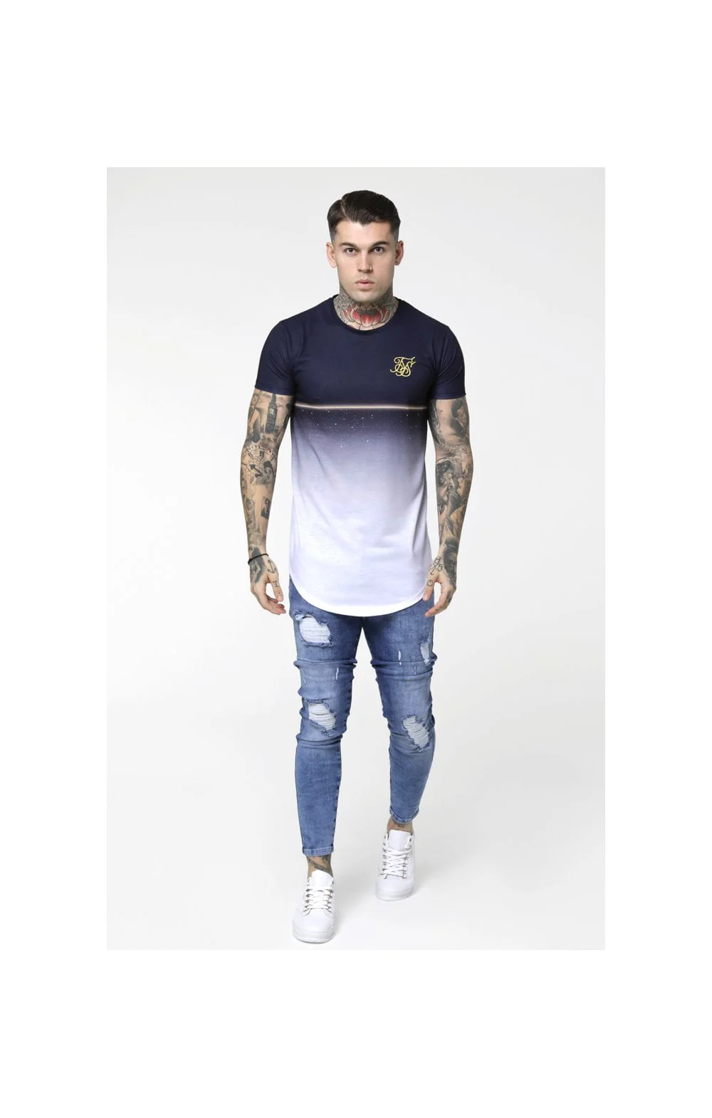 SikSilk S/S Gold Fleck Curved Hem Tee - Navy - Image 5