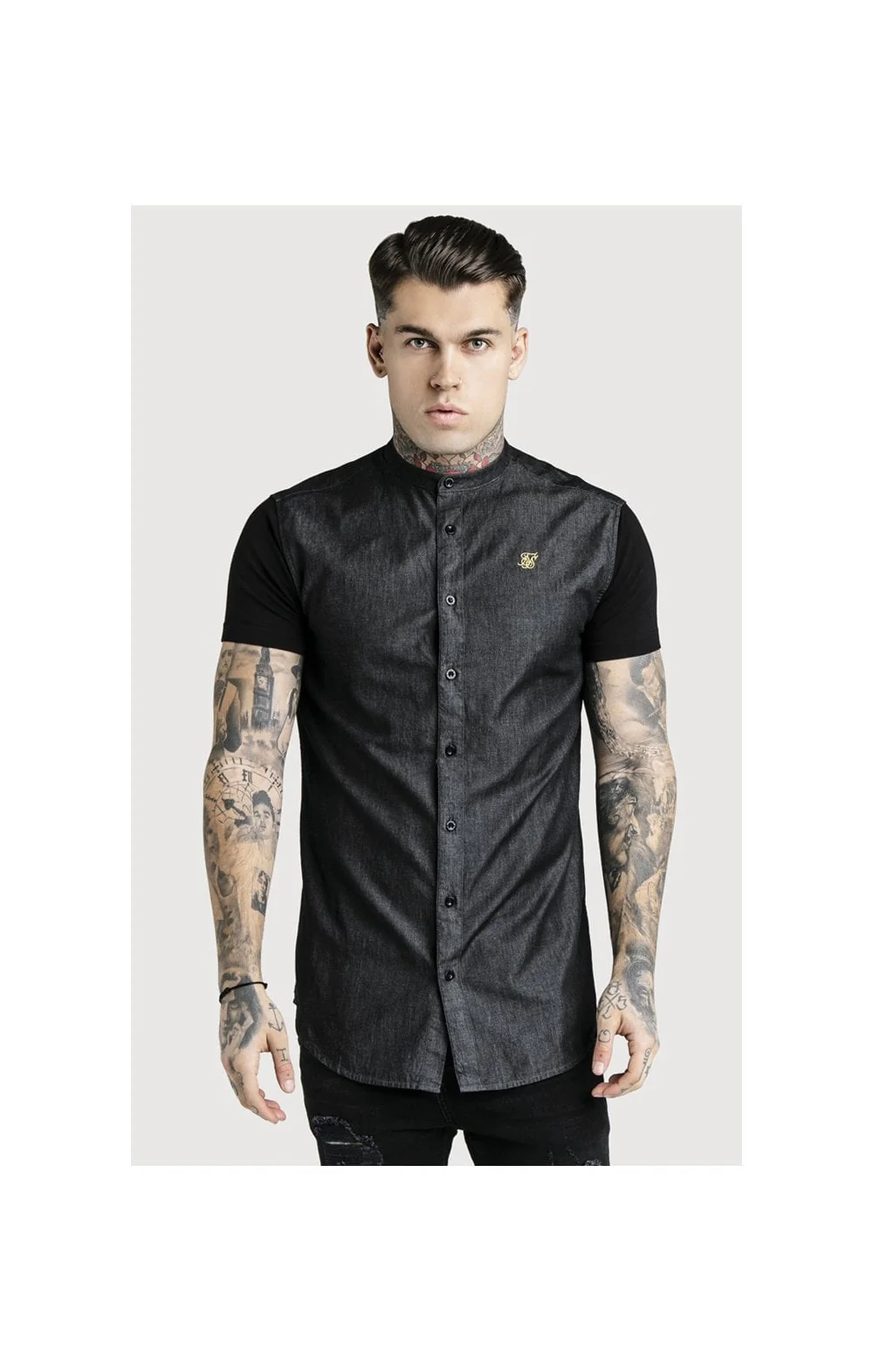 SikSilk S/S Grandad Collar Denim Shirt - Black & Gold