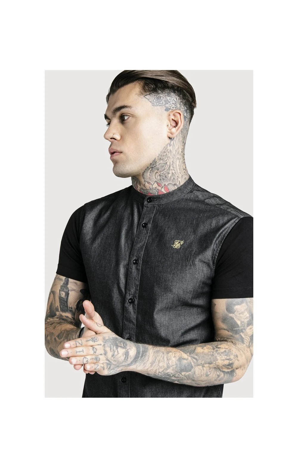 SikSilk S/S Grandad Collar Denim Shirt - Black & Gold - Image 2