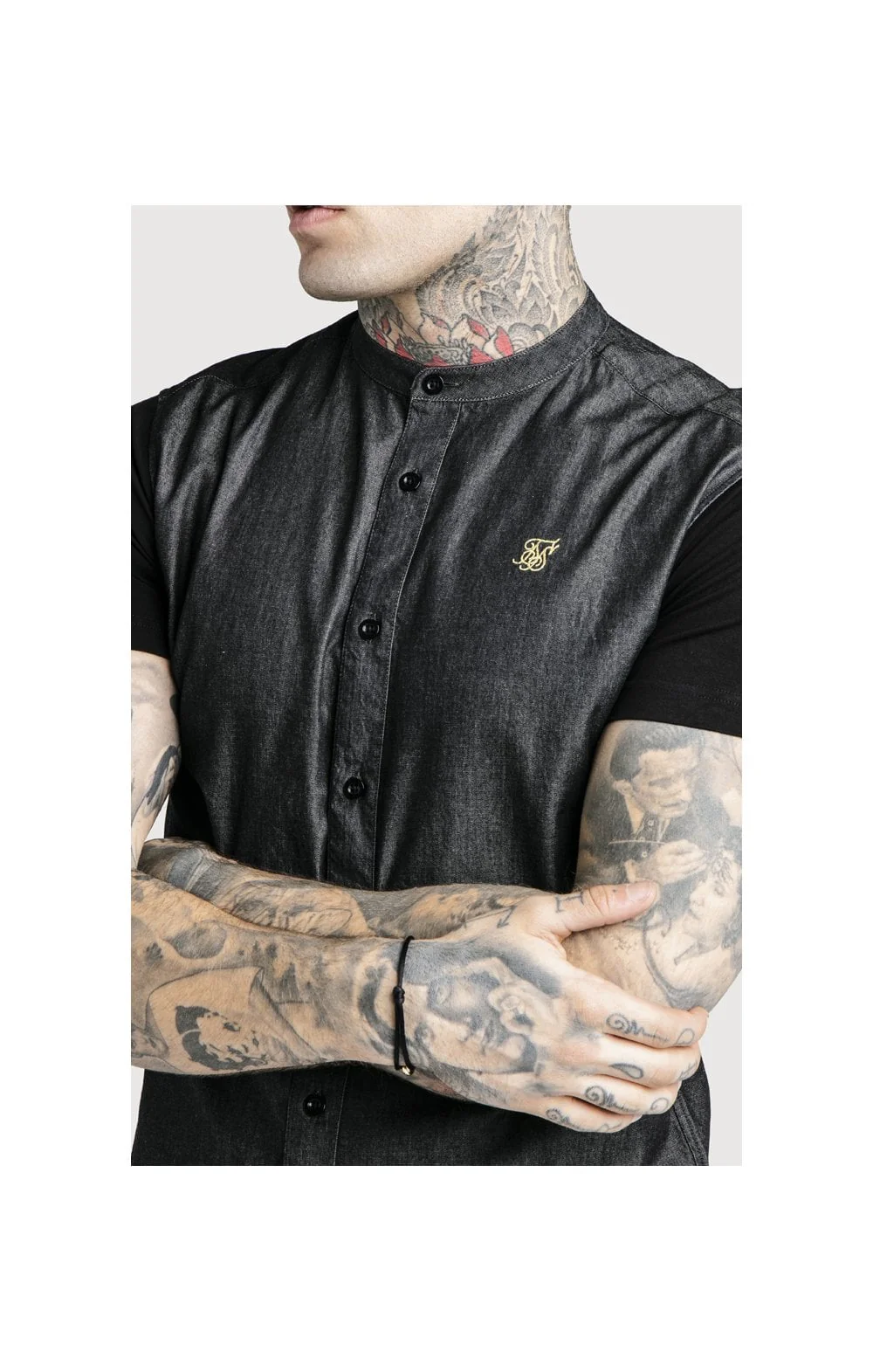 SikSilk S/S Grandad Collar Denim Shirt - Black & Gold - Image 3