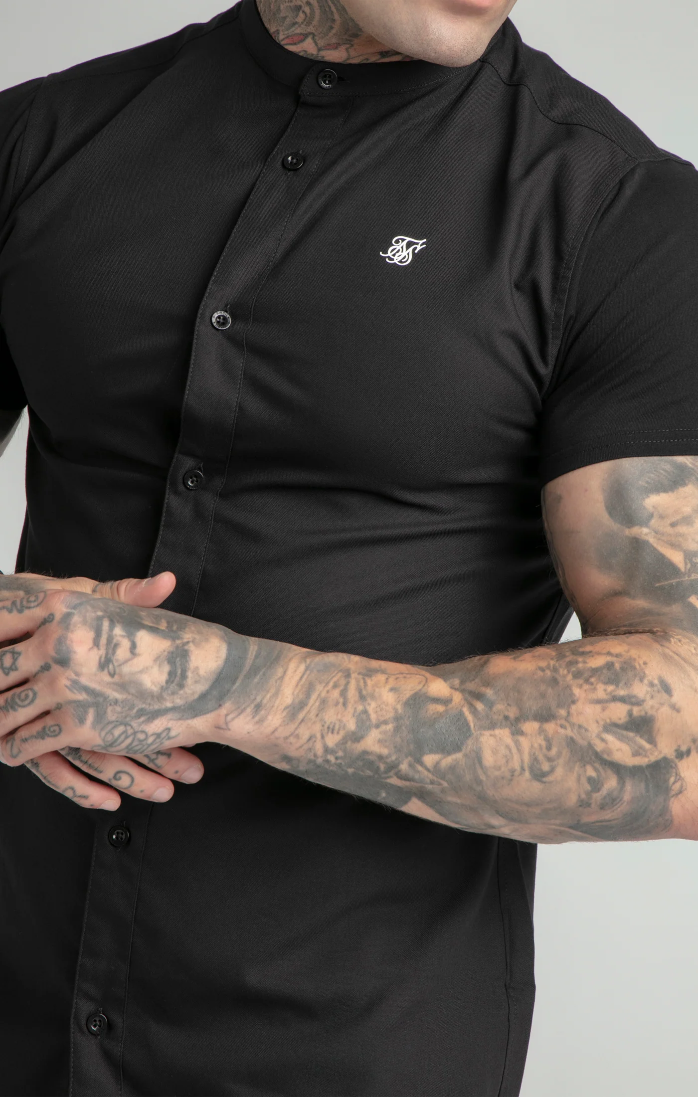 Black Short Sleeve Grandad Collar Shirt - Image 3