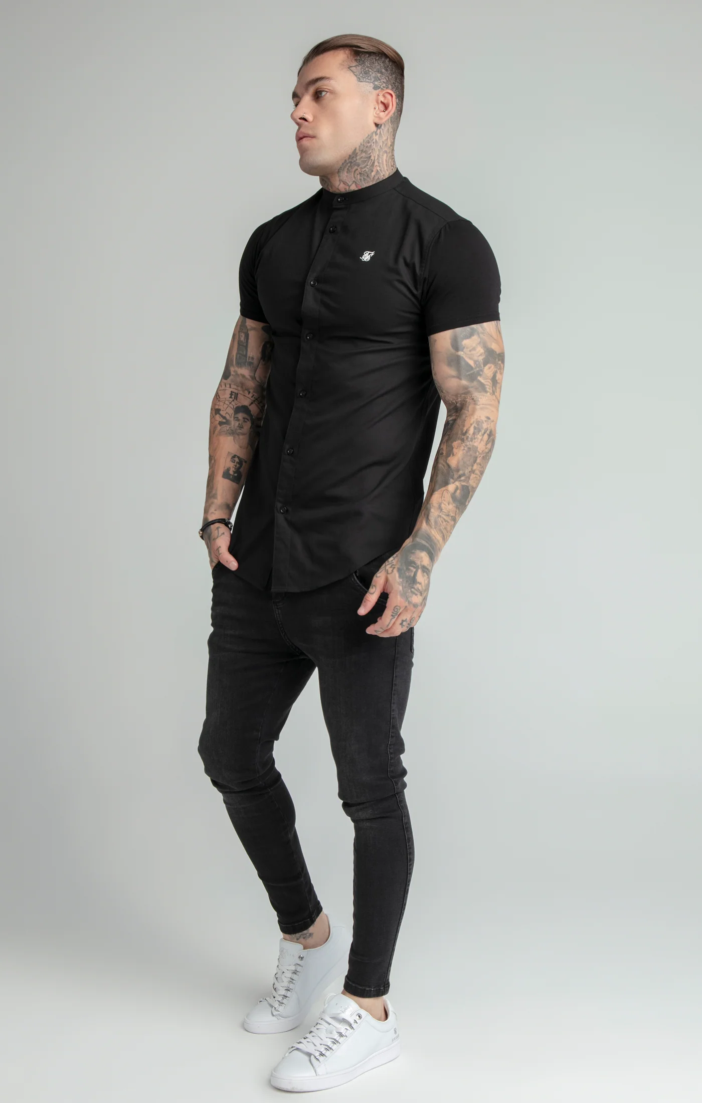 Black Short Sleeve Grandad Collar Shirt - Image 4