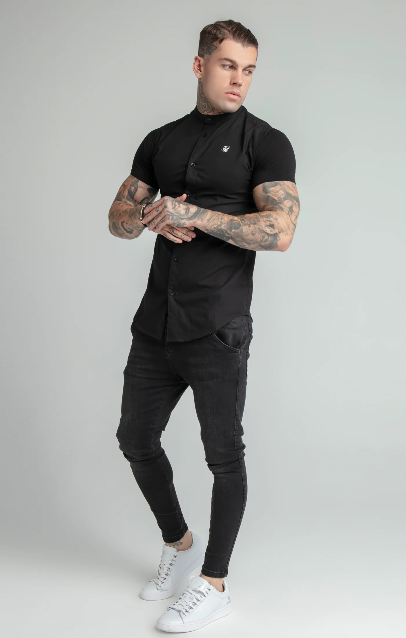 Black Short Sleeve Grandad Collar Shirt - Image 5