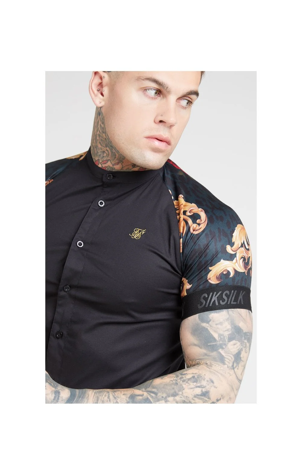 SikSilk S/S Grandad Collar Shirt - Jet Black & Floral Animal - Image 2