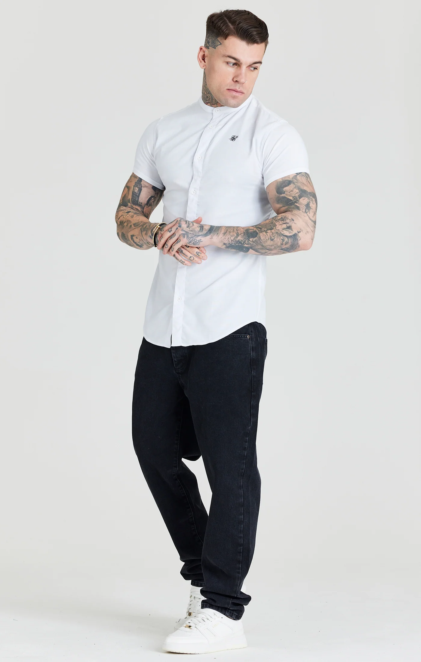 SikSilk S/S Grandad Collar Shirt - White - Image 3