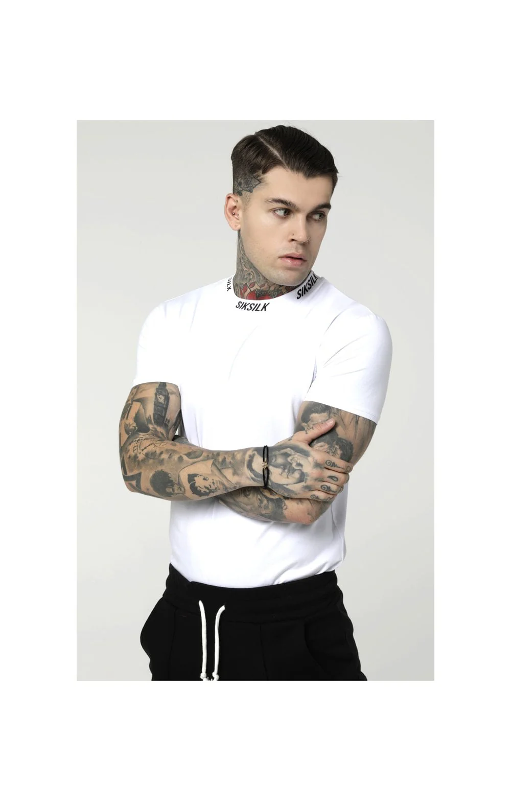 SikSilk S/S High Collar Logo Tee - White - Image 2