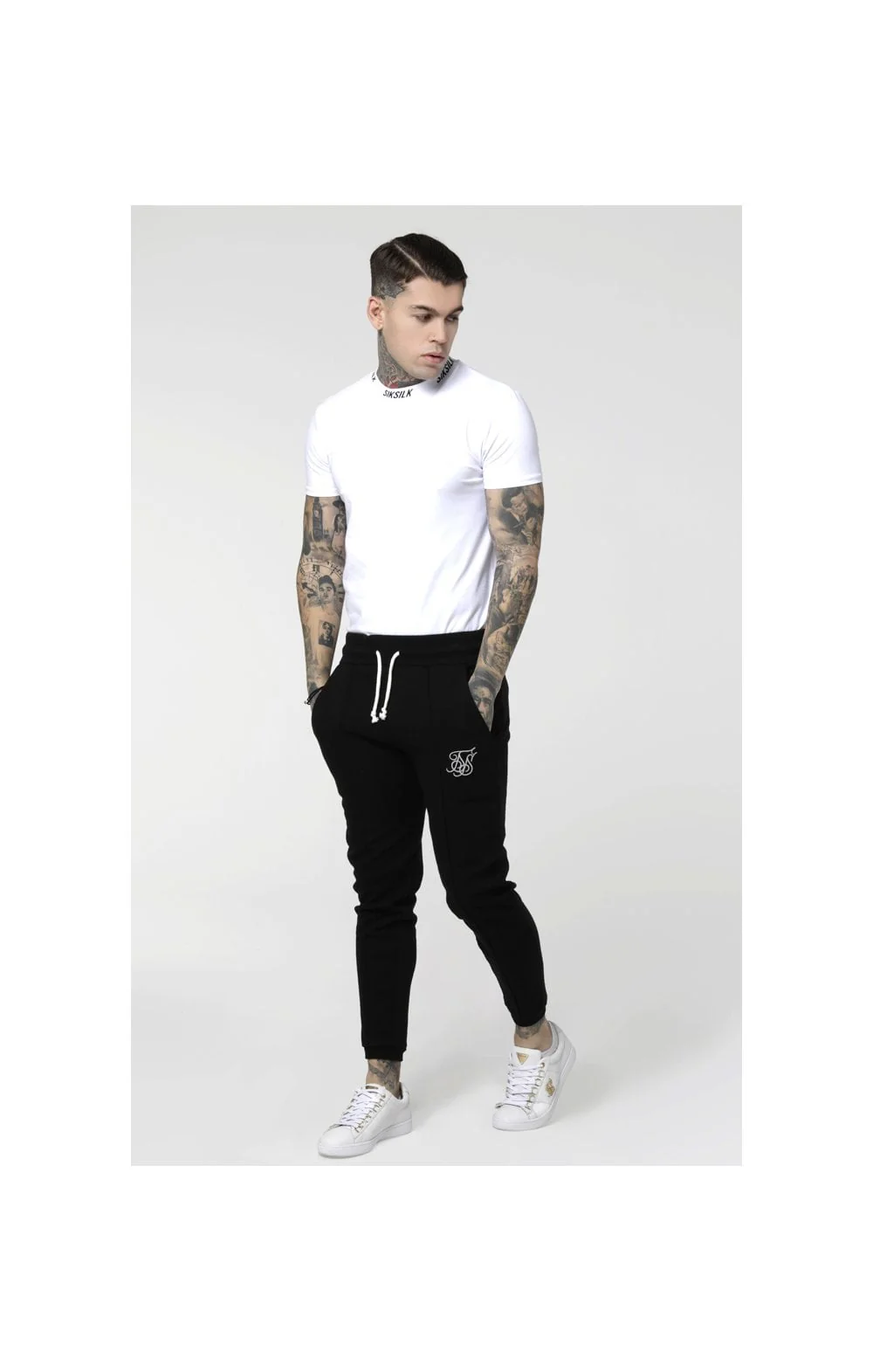 SikSilk S/S High Collar Logo Tee - White - Image 3