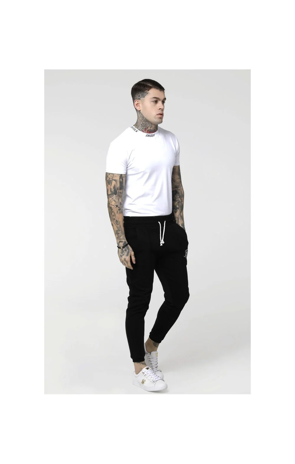 SikSilk S/S High Collar Logo Tee - White - Image 4