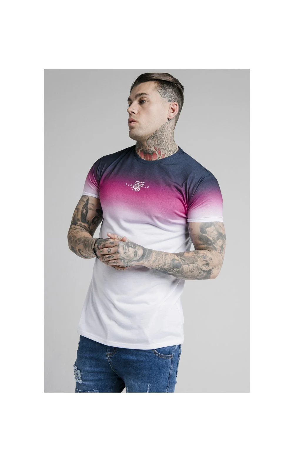 SikSilk S/S High Fade Tee - Navy Neon Pink Fade