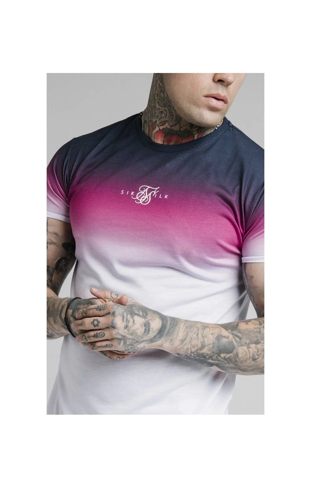 SikSilk S/S High Fade Tee - Navy Neon Pink Fade - Image 2