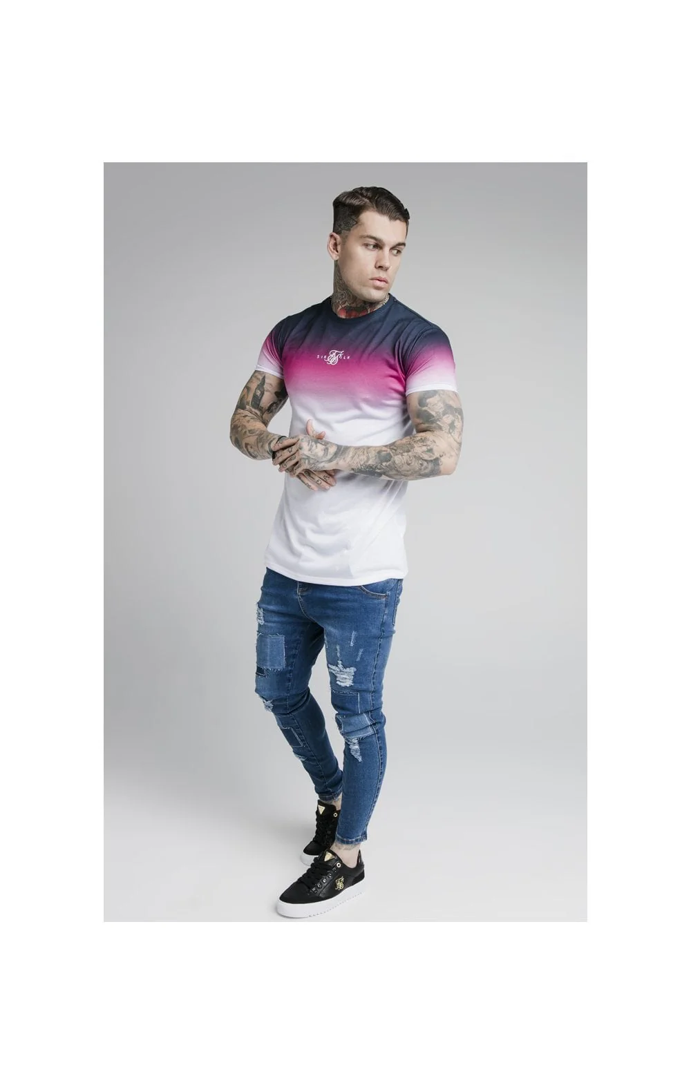 SikSilk S/S High Fade Tee - Navy Neon Pink Fade - Image 3