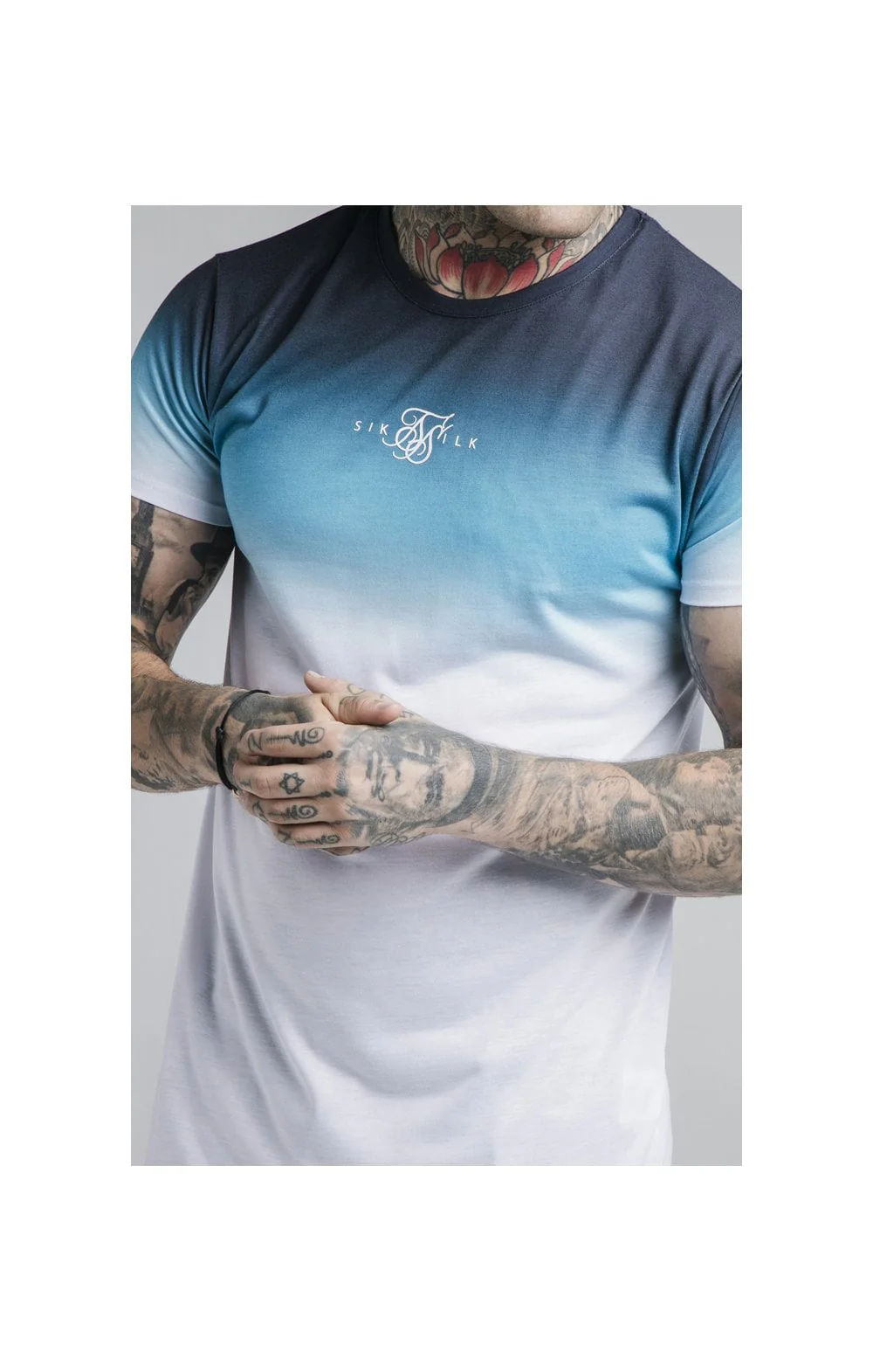 SikSilk S/S High Fade Tee - Navy Neon Teal Fade - Image 2