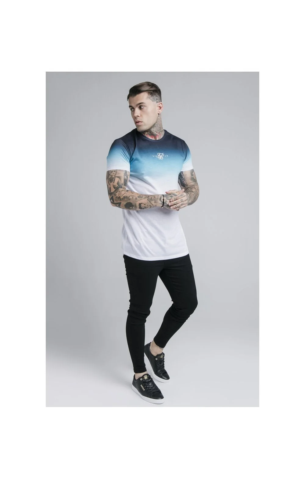 SikSilk S/S High Fade Tee - Navy Neon Teal Fade - Image 6