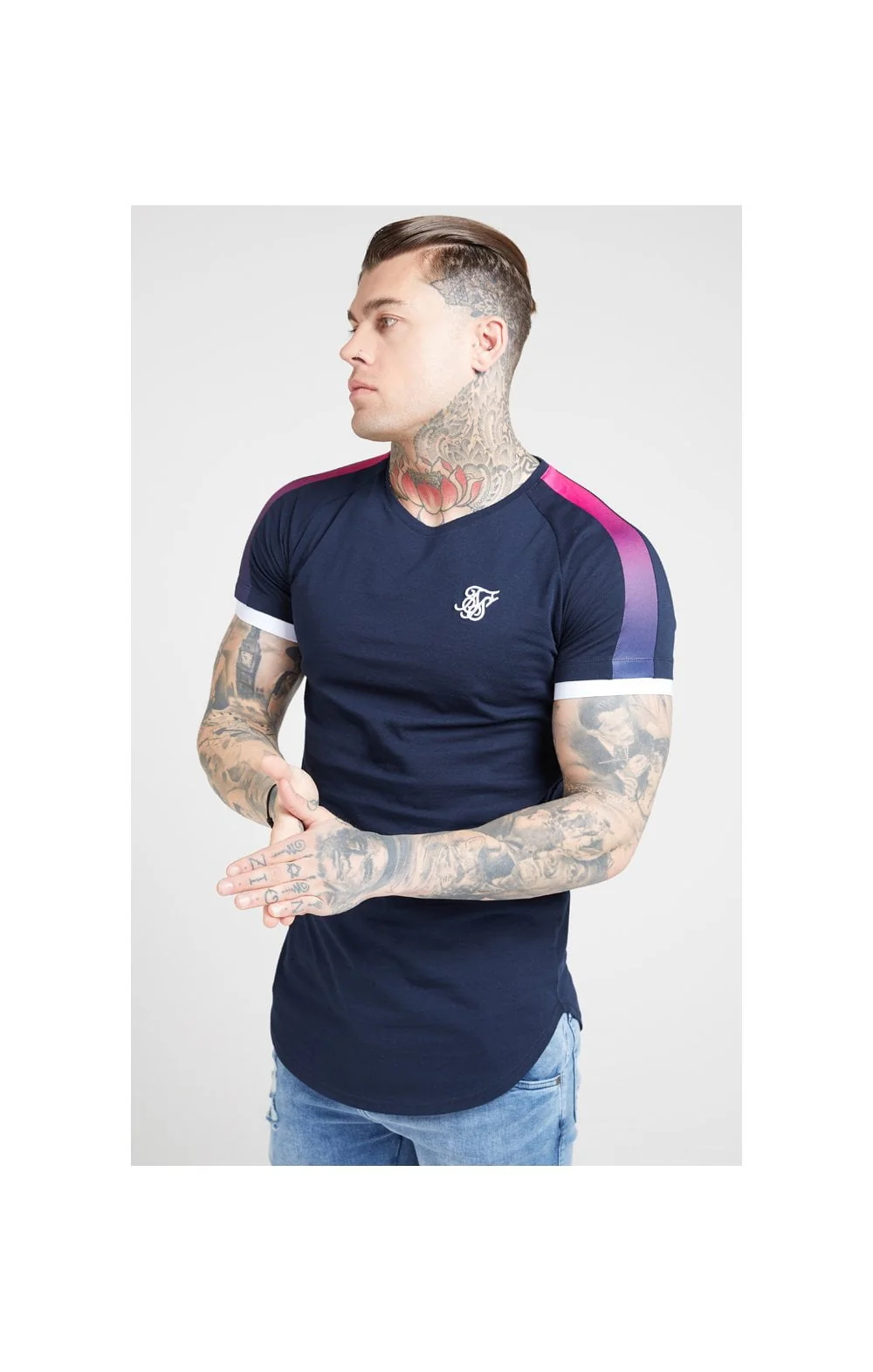 SikSilk S/S Inset Cuff Fade Panel Tech Tee – Navy & Neon Fade - Image 2