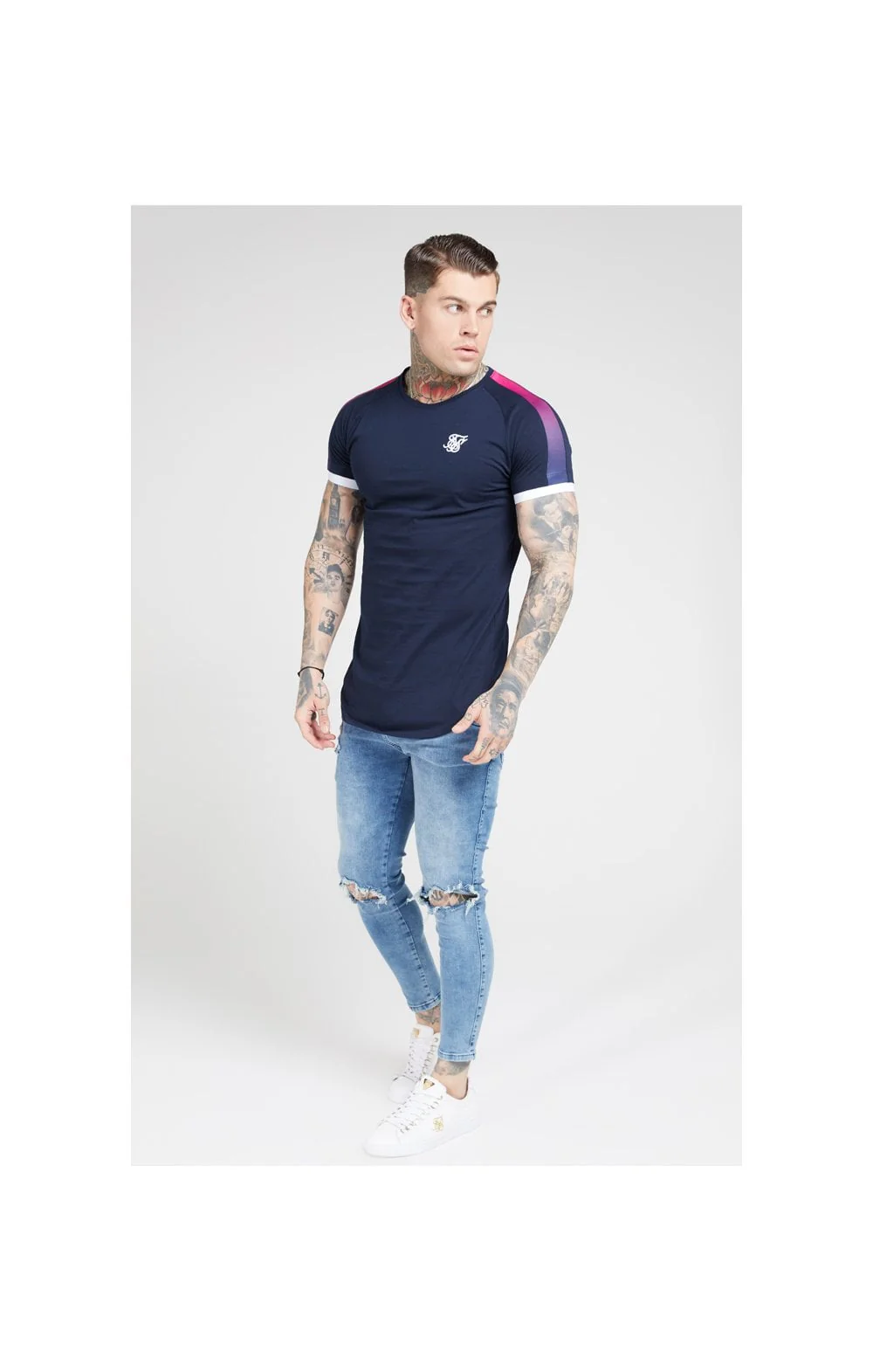 SikSilk S/S Inset Cuff Fade Panel Tech Tee – Navy & Neon Fade - Image 3