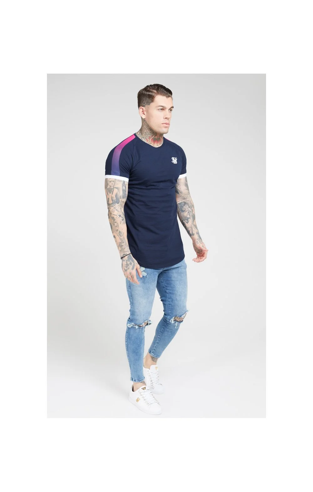 SikSilk S/S Inset Cuff Fade Panel Tech Tee – Navy & Neon Fade - Image 4