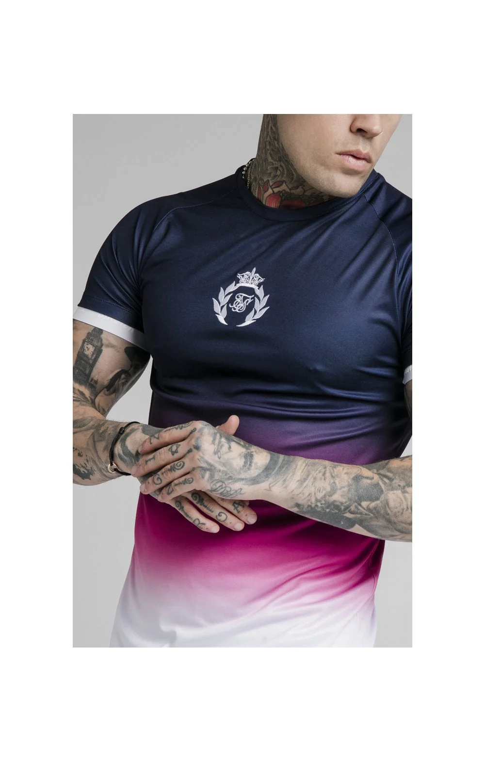 SikSilk S/S Inset Cuff Fade Tech Tee - Navy,Pink & White - Image 2