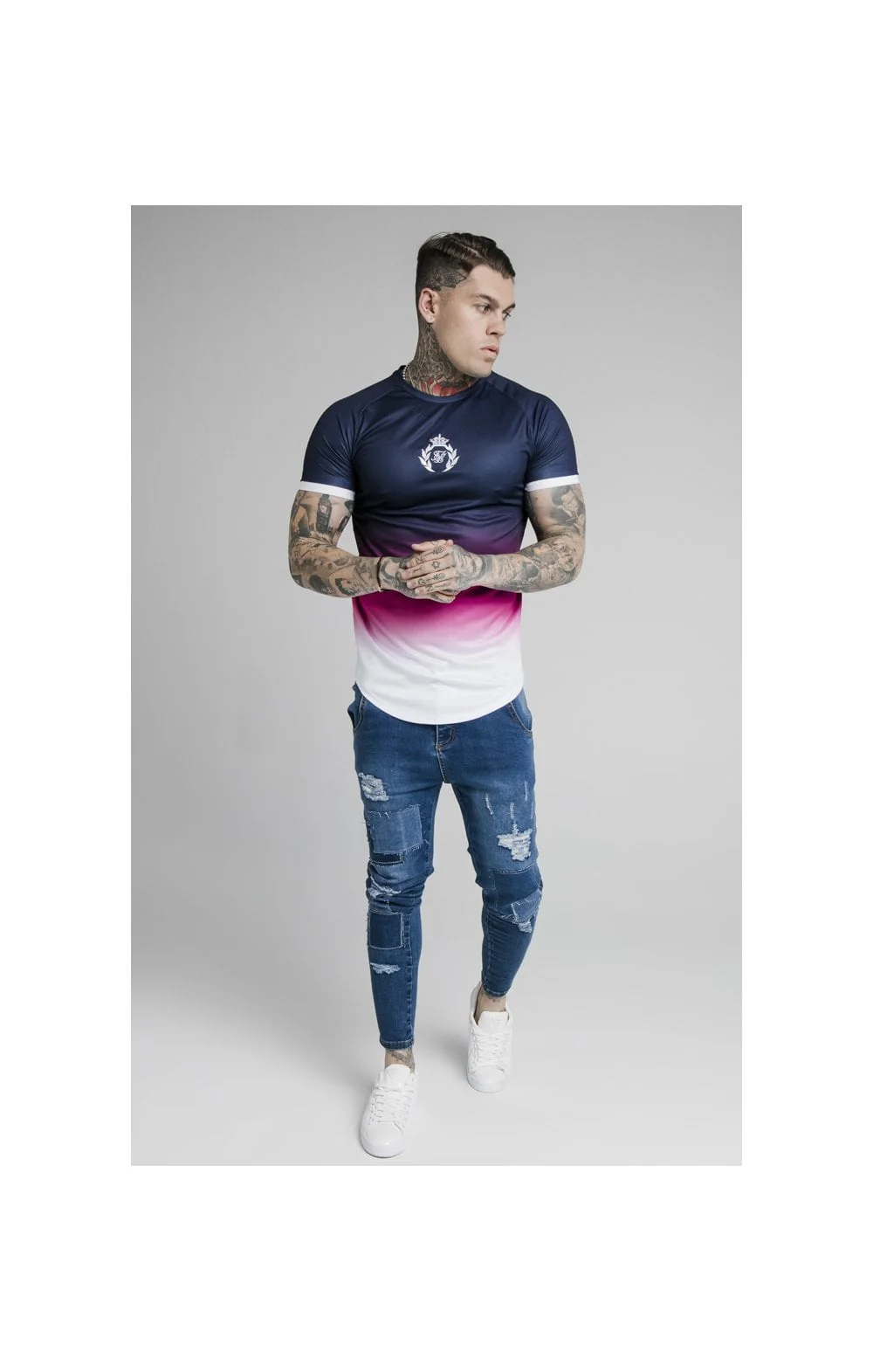 SikSilk S/S Inset Cuff Fade Tech Tee - Navy,Pink & White - Image 3