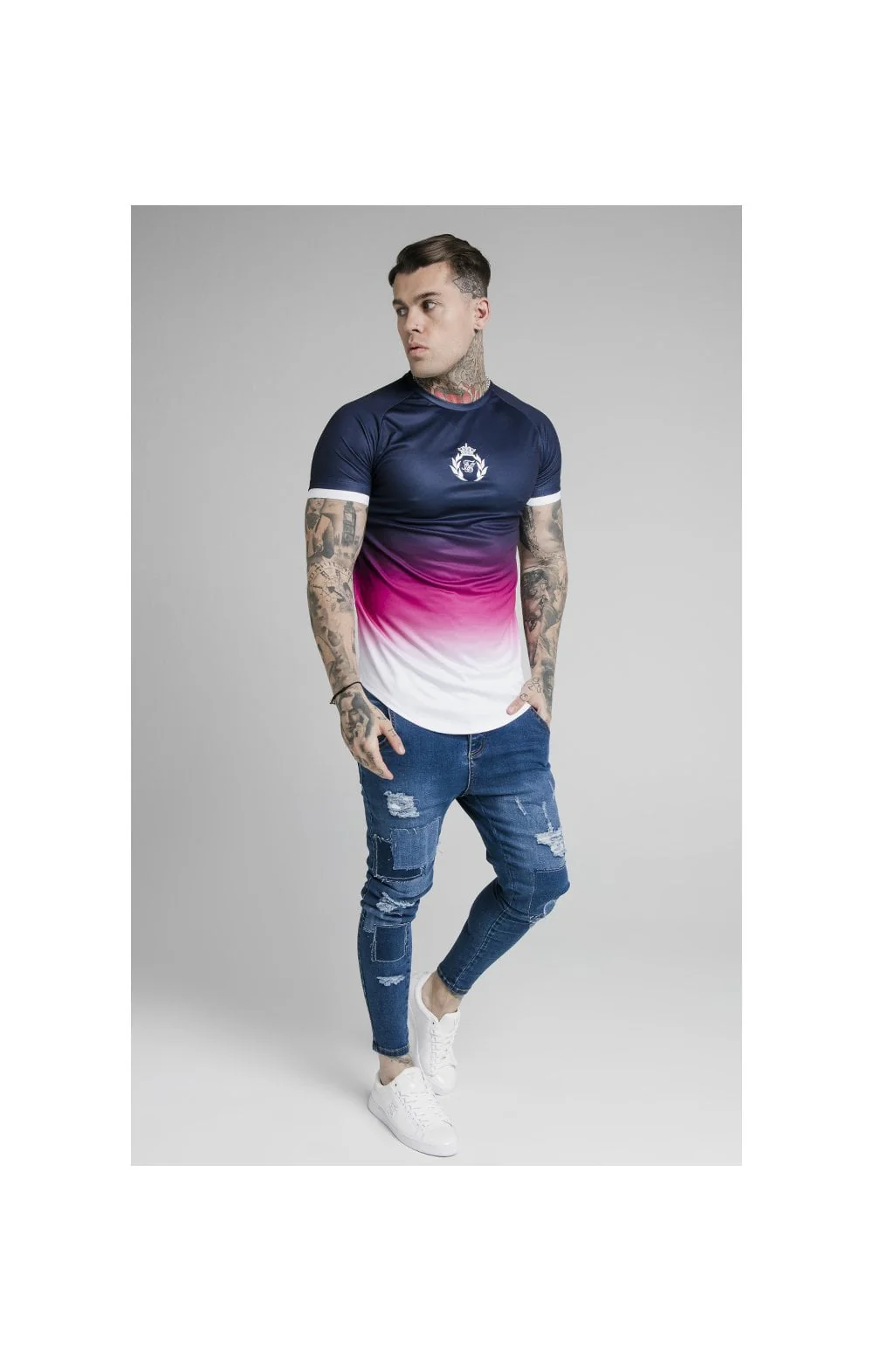 SikSilk S/S Inset Cuff Fade Tech Tee - Navy,Pink & White - Image 4