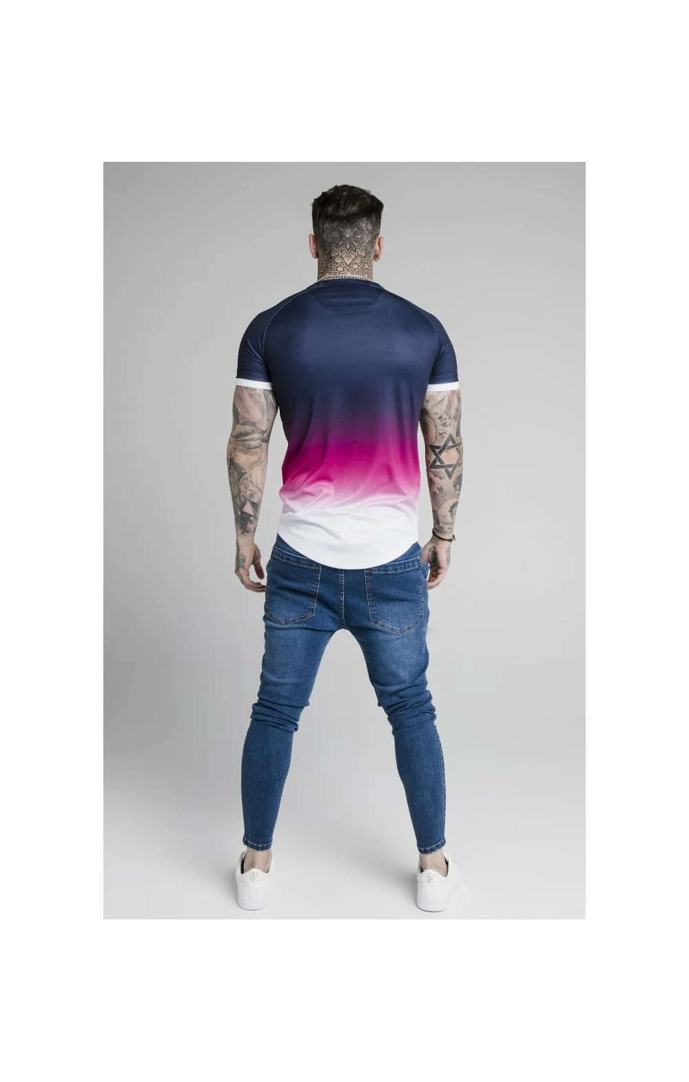 SikSilk S/S Inset Cuff Fade Tech Tee - Navy,Pink & White - Image 5