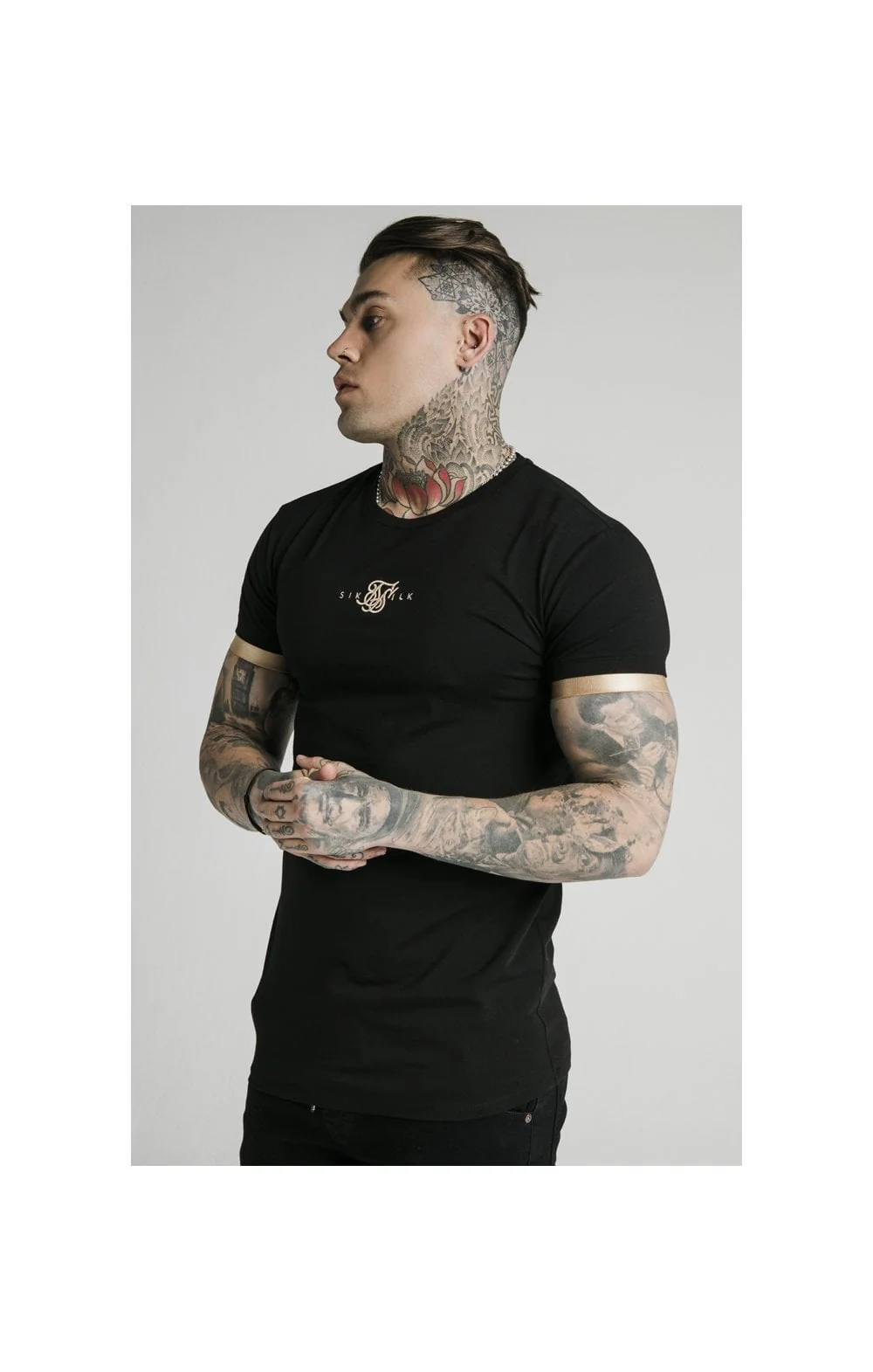 SikSilk S/S Inset Cuff Gym Tee – Black & Gold