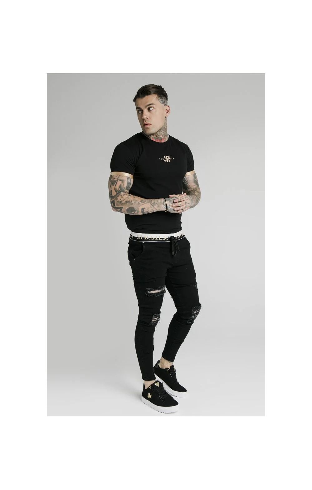 SikSilk S/S Inset Cuff Gym Tee – Black & Gold - Image 3