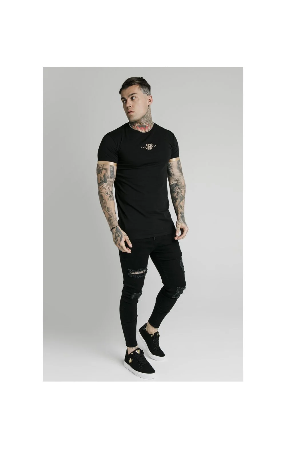 SikSilk S/S Inset Cuff Gym Tee – Black & Gold - Image 5