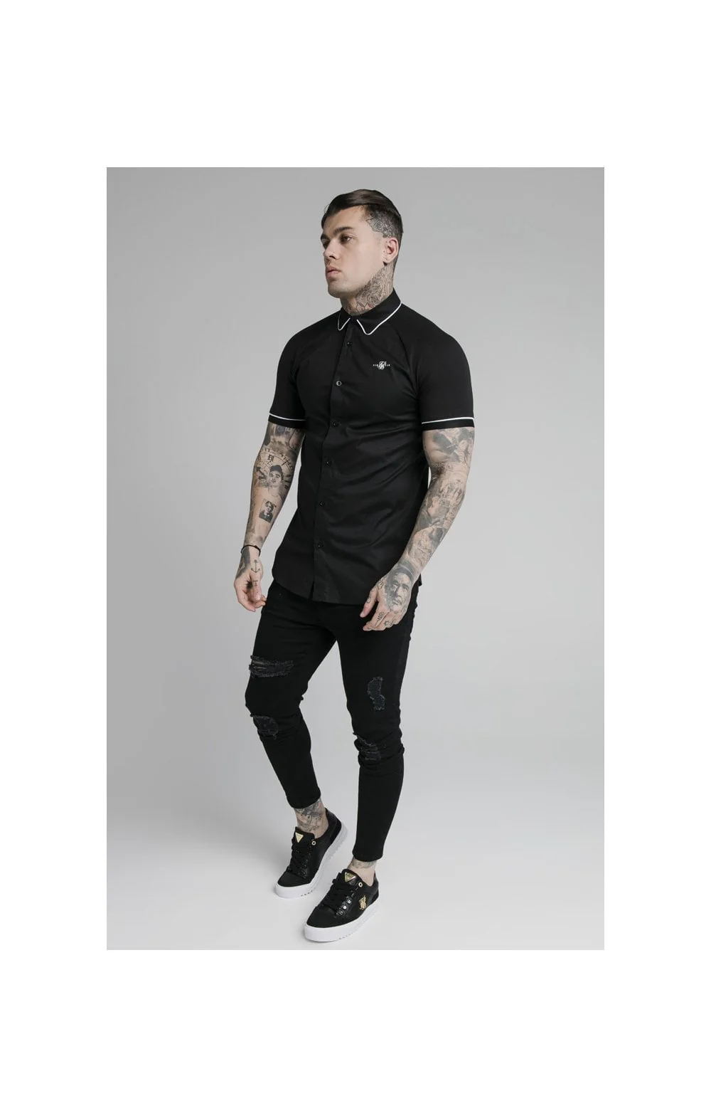 SikSilk S/S Inset Cuff Shirt - Black - Image 5