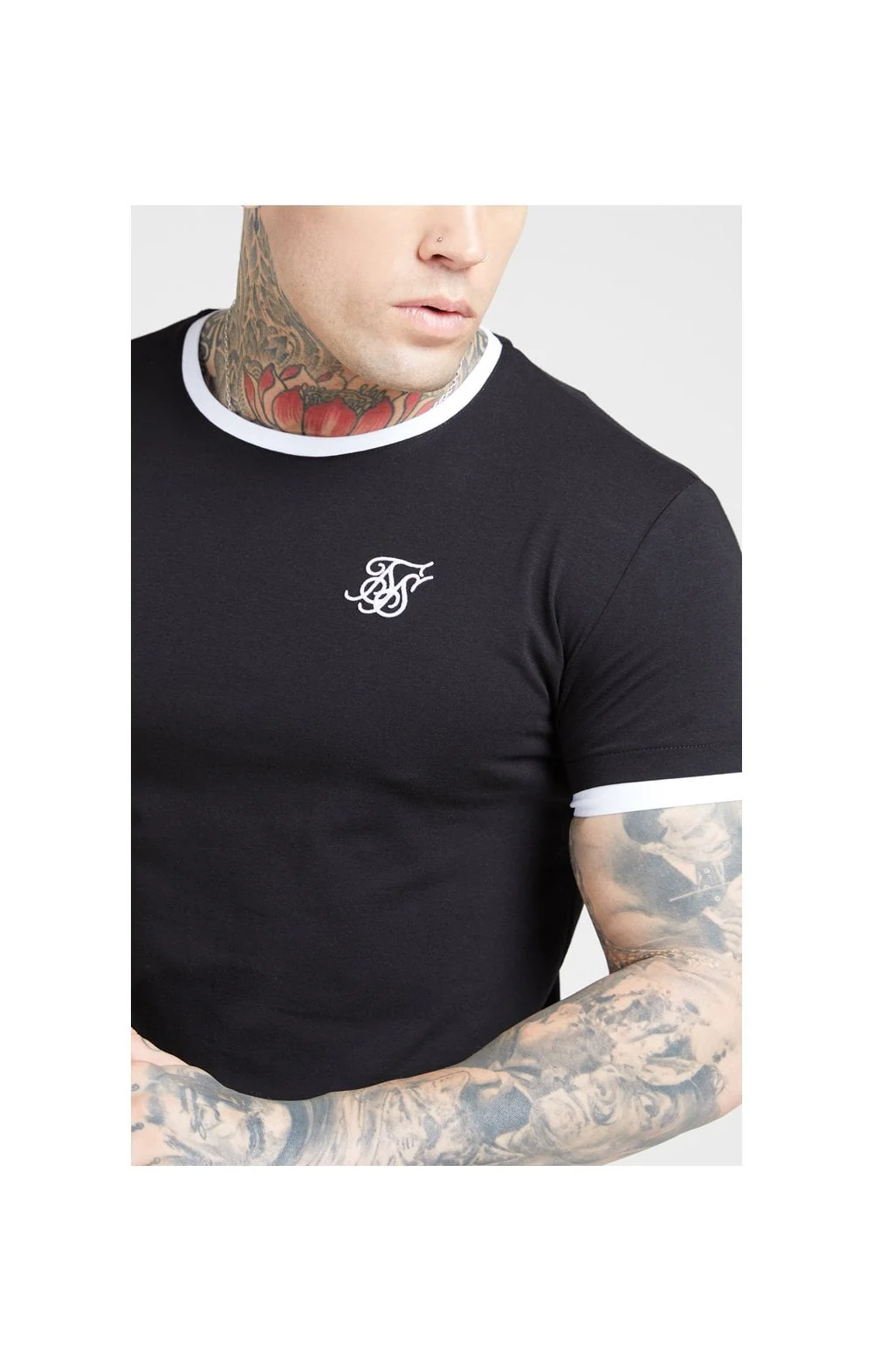SikSilk S/S Inset Straight Hem Ringer Gym Tee – Black & White - Image 2