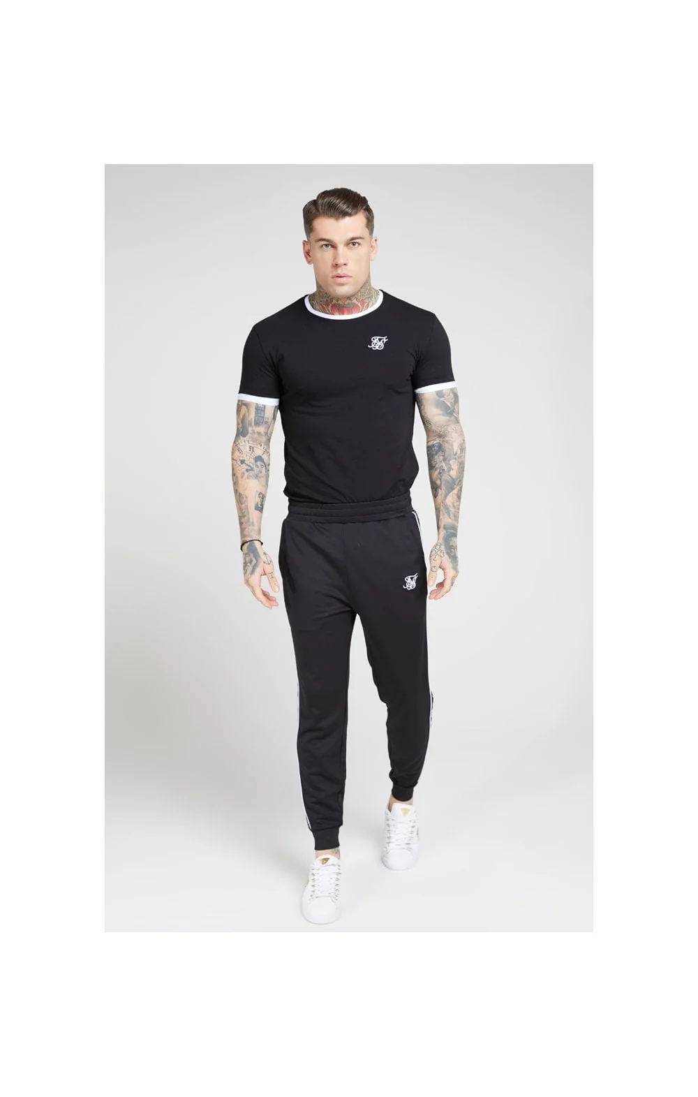 SikSilk S/S Inset Straight Hem Ringer Gym Tee – Black & White - Image 3