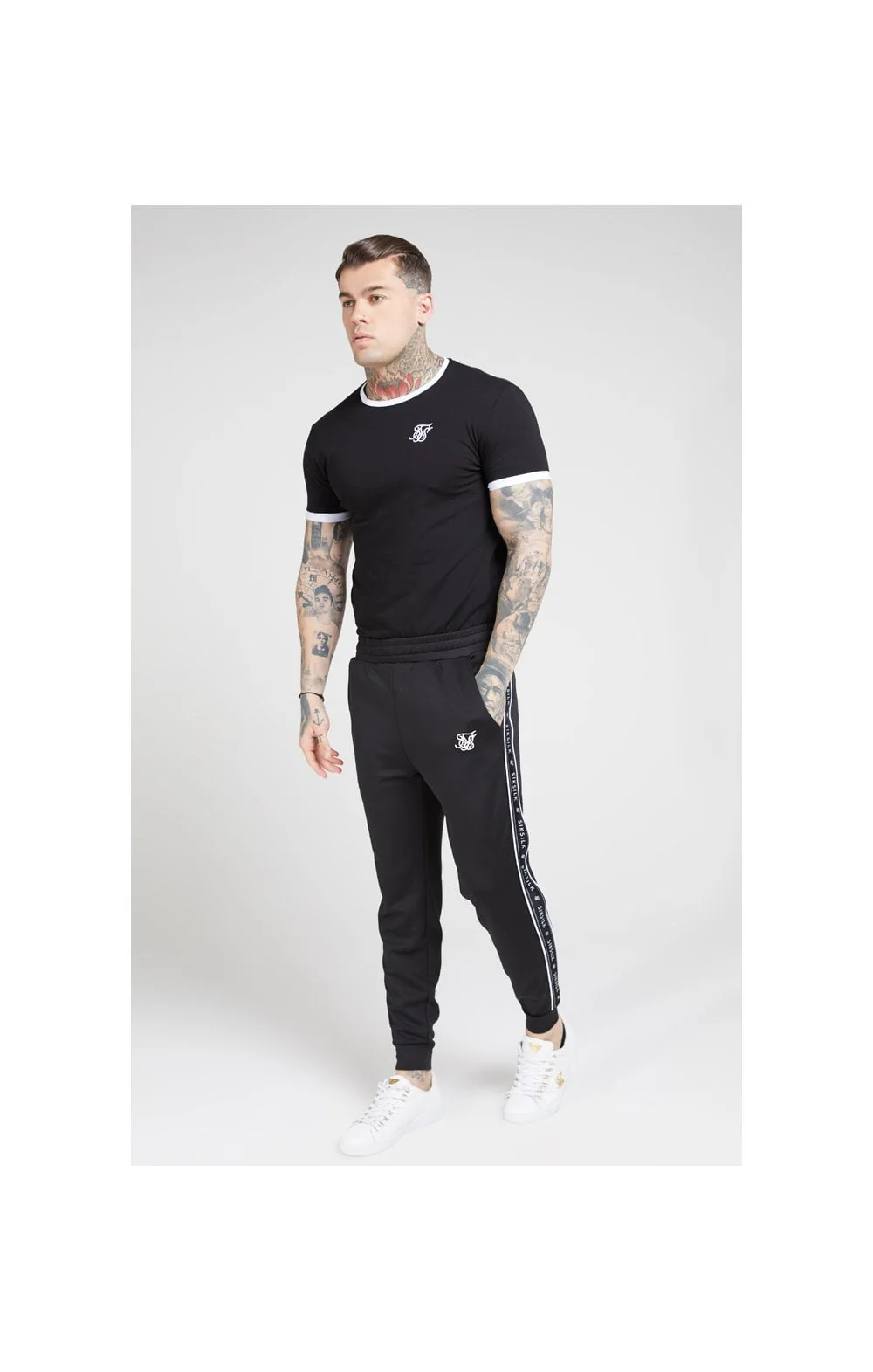 SikSilk S/S Inset Straight Hem Ringer Gym Tee – Black & White - Image 4